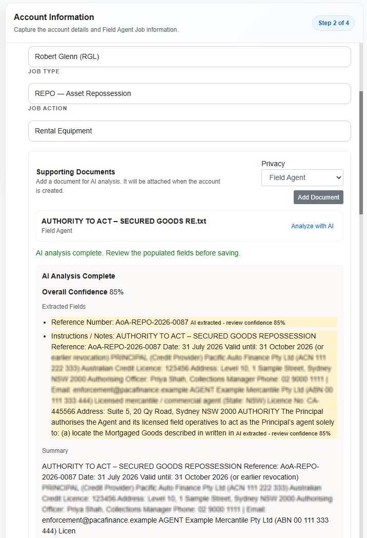 Wincollect AI Document Analysis identifying an Authority to Act and creating a Field Job