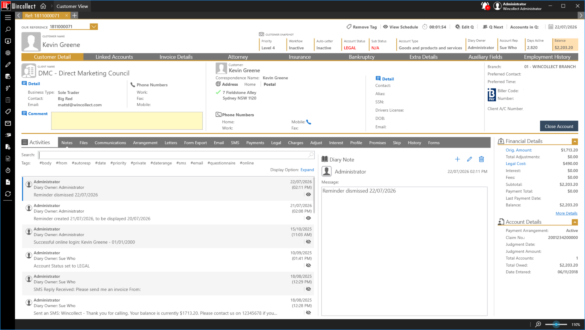 Wincollect CRM customer view — account dashboard and collection workflow